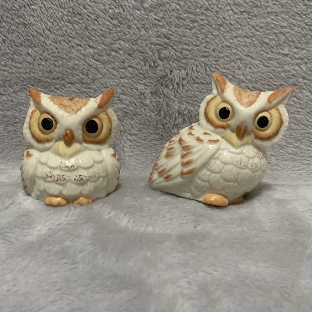 Lenox Salt and Pepper Shakers Set 2.25in Owl Figurines Cream Brown Porcelain Vtg